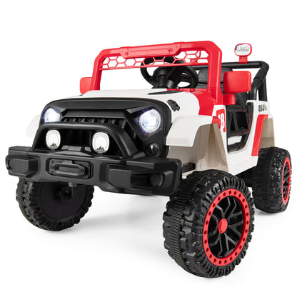 Close-up front view of the red and white kids electric toy car with lights on