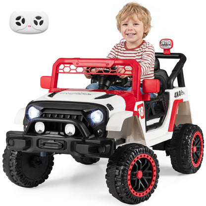 Kids Ride on Truck 12V Electric Toy Vehicle with Remote Control-Red, a young boy driving the red and white electric toy car