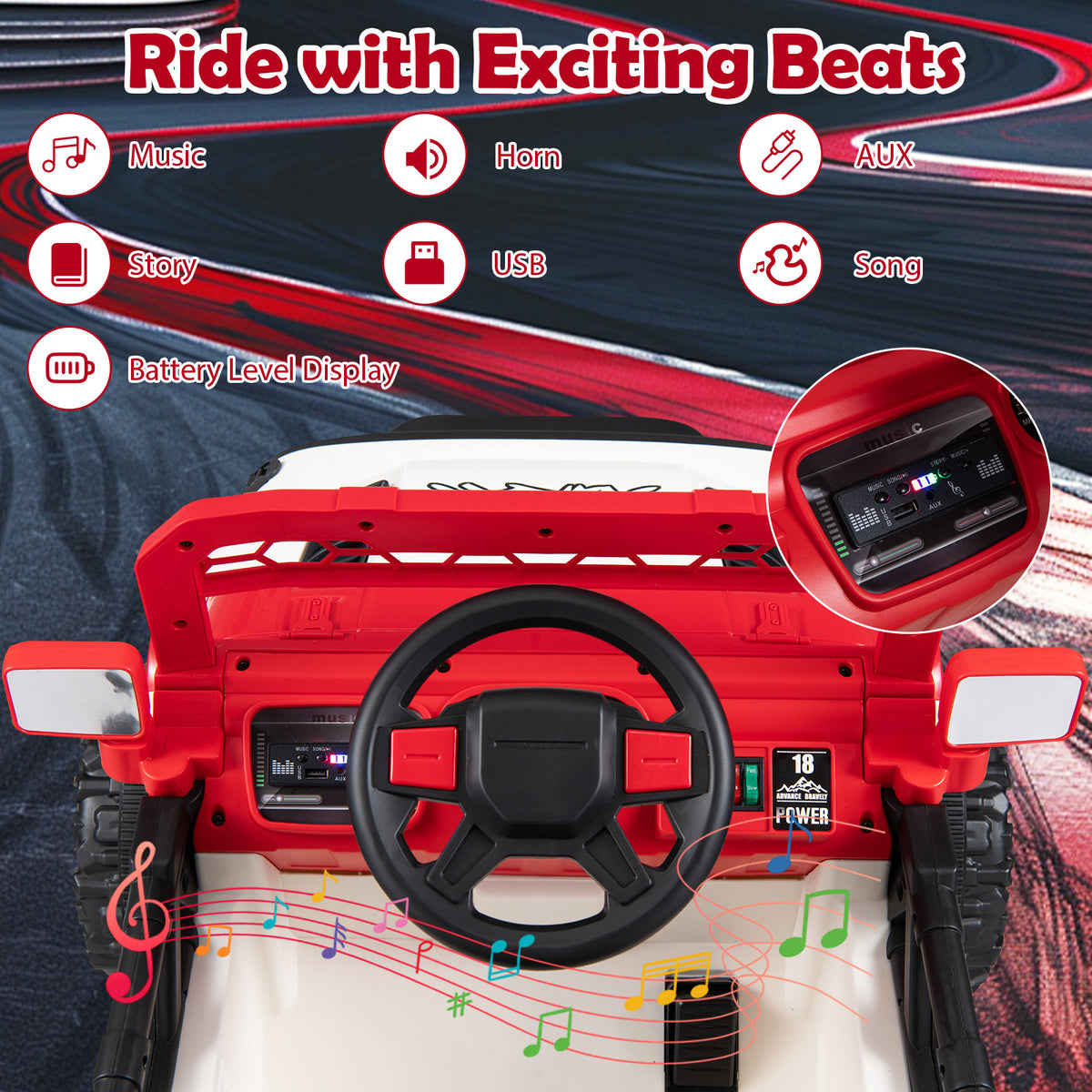 Rear view of the red kids electric toy car showing sound and connectivity options