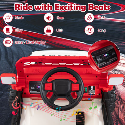 Rear view of the red kids electric toy car showing sound and connectivity options
