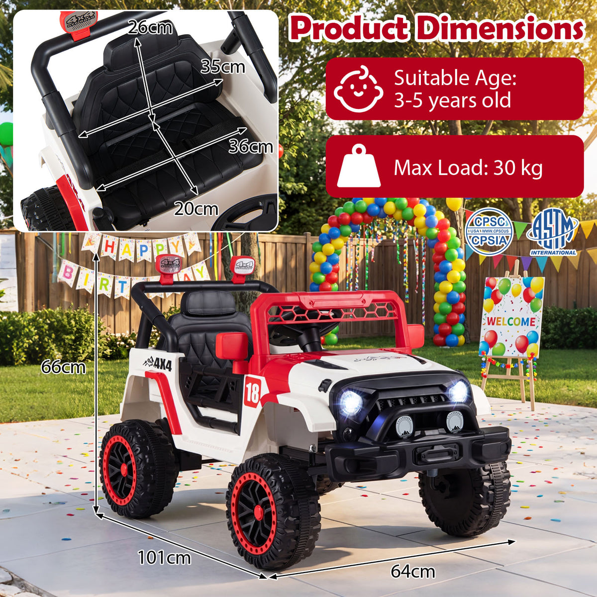 Red and white kids electric toy car with dimensions and suitability information