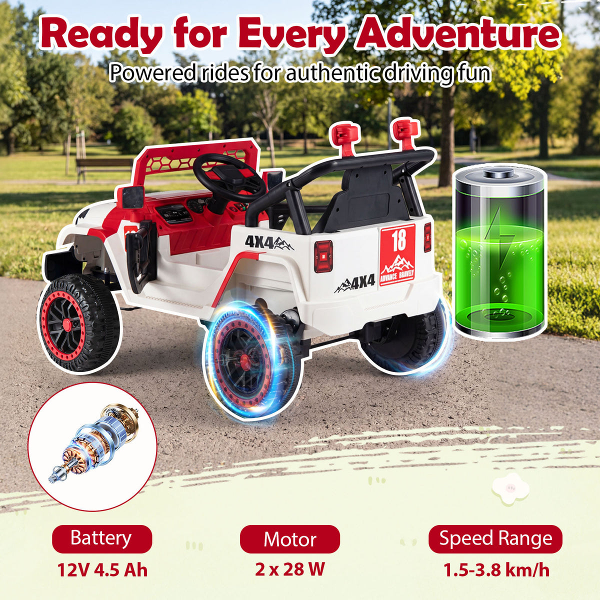 The red kids electric toy car with battery and motor details for adventure