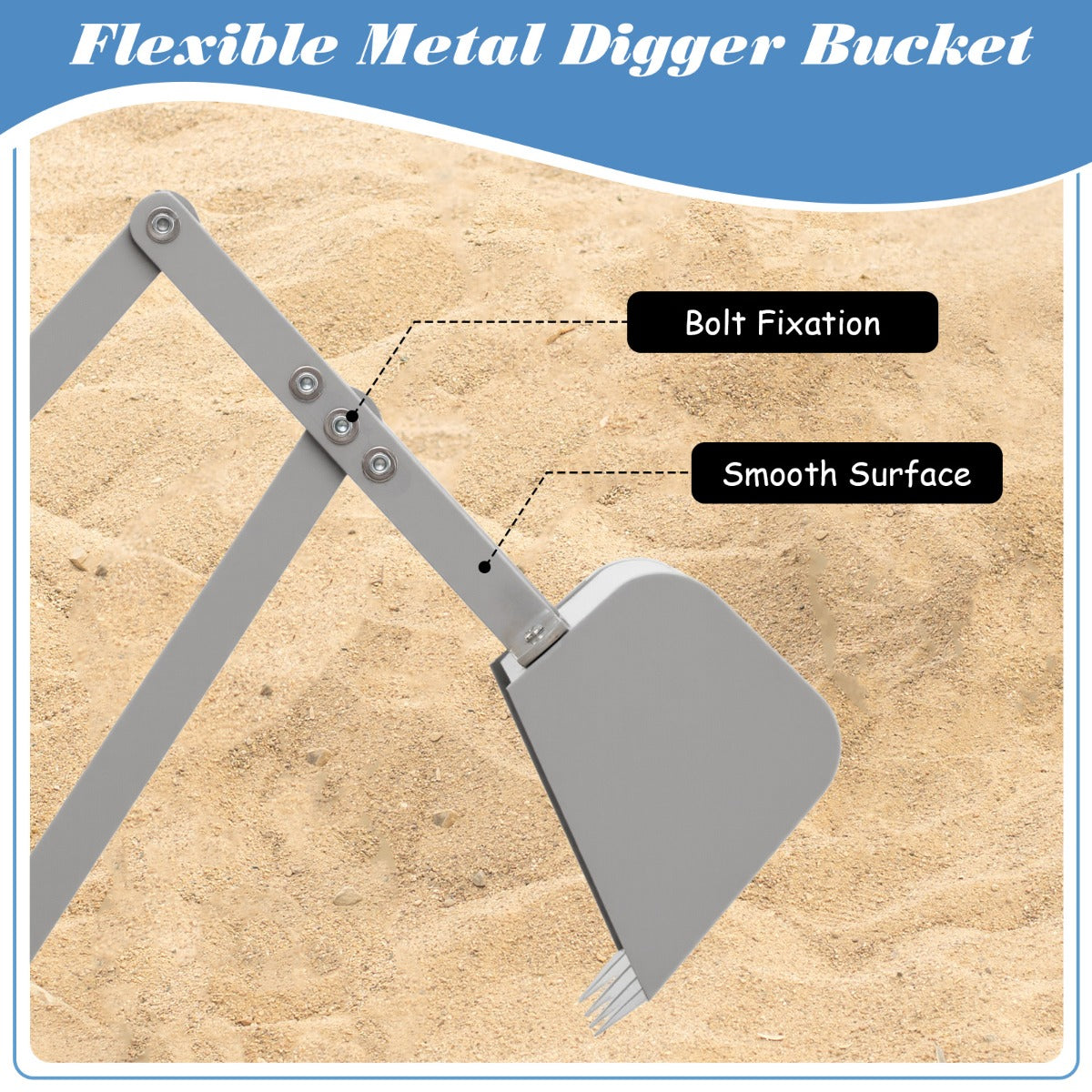 A close up of the metal shovel bucket showing the bolt fixation and smooth surface