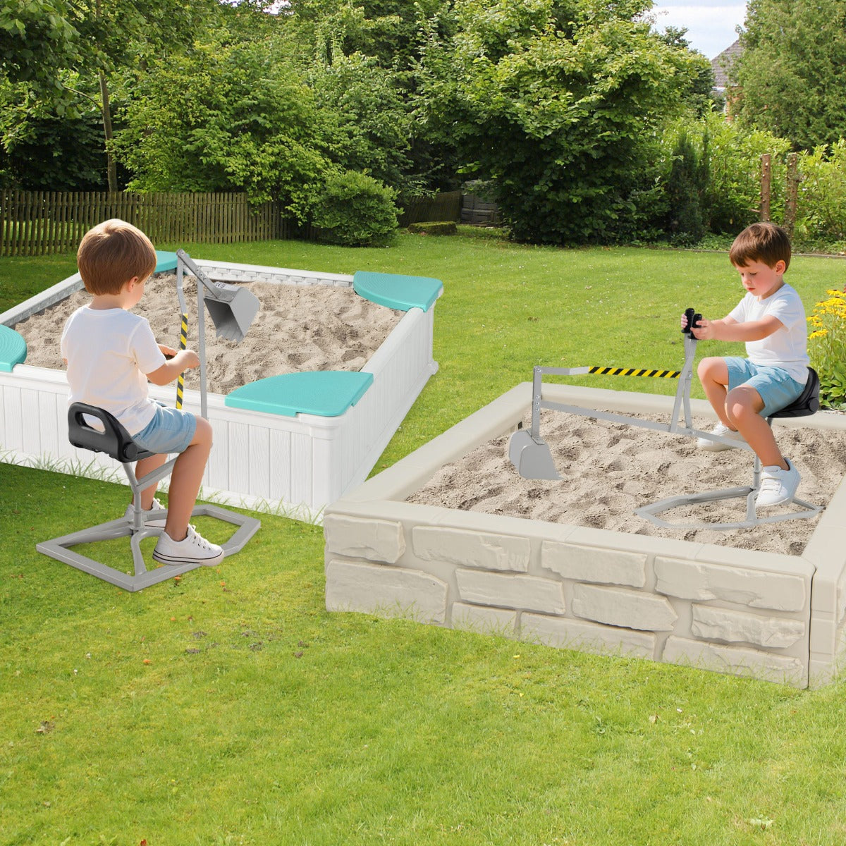 Two boys playing with the sand digger toy in separate garden sandboxes