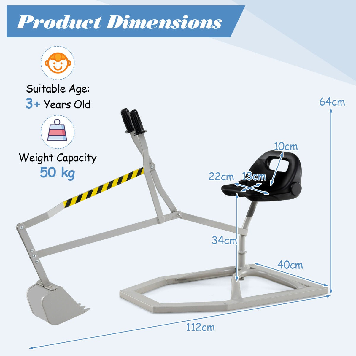 The sand digger toy with arrows indicating the height and length dimensions