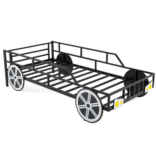 Kids Single Size Metal Car-Shaped Platform Bed Frame with wheels in black