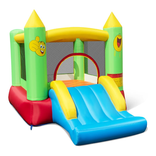 Kids Smiley Face Theme Inflatable Bounce House with a slide and yellow turret tops