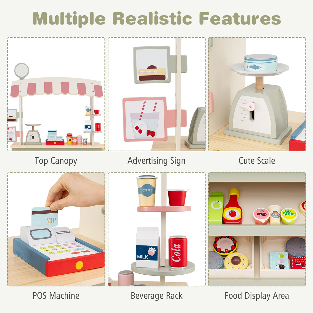 The play kitchen set with six panels highlighting the canopy, scale, POS machine and food items