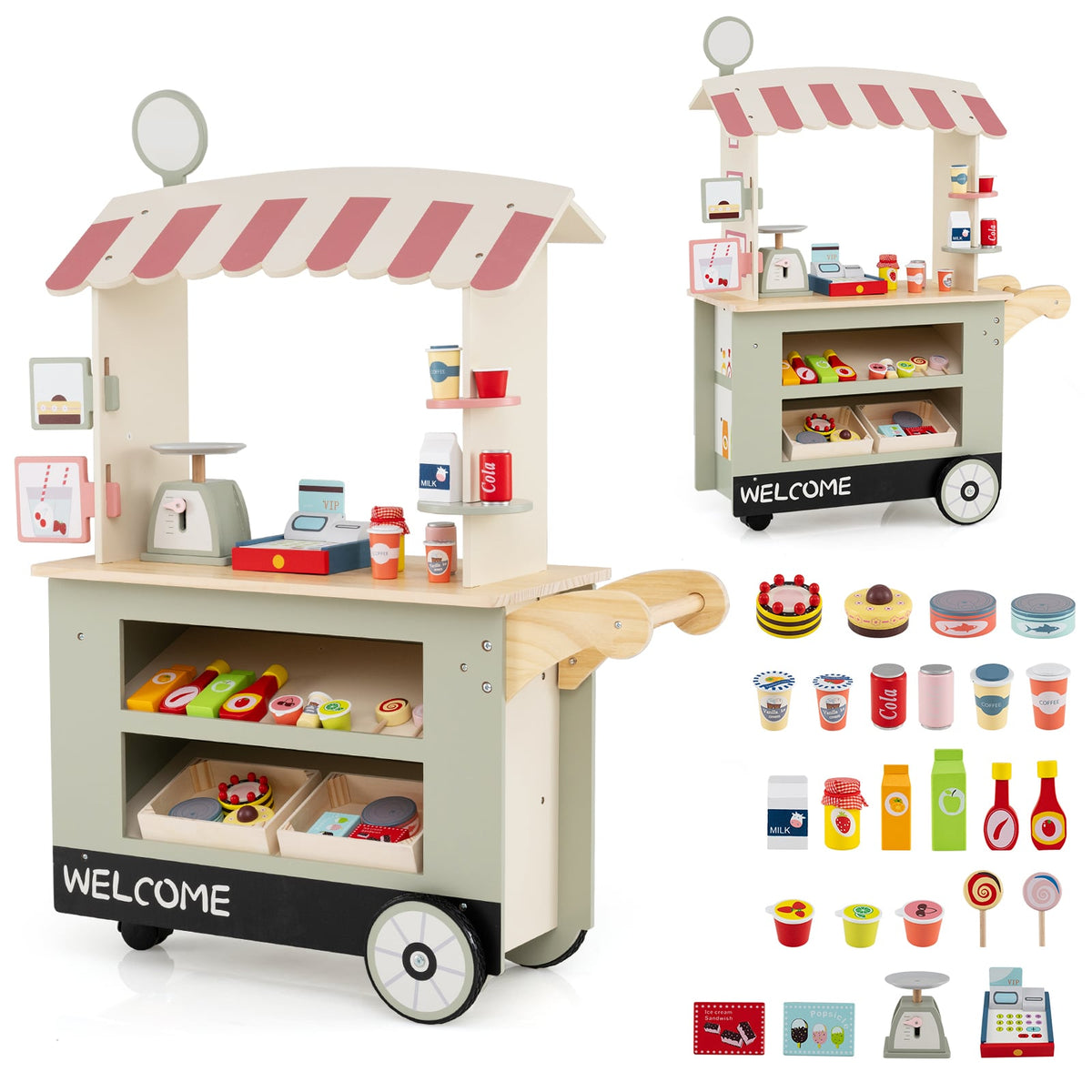 Kids Snacks and Sweets Food Cart Toy with a striped canopy and shelves filled with play food items
