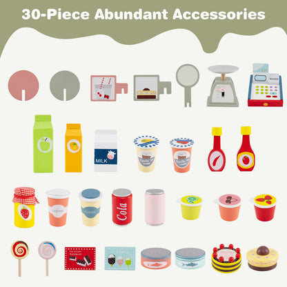 The play kitchen set accessories including various toy drinks, sweets and food items laid out