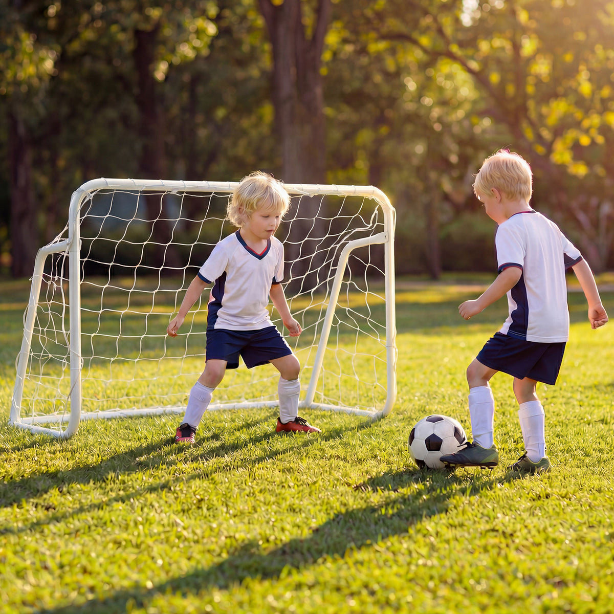 Two young boys playing football in a garden with a mini metal football goal