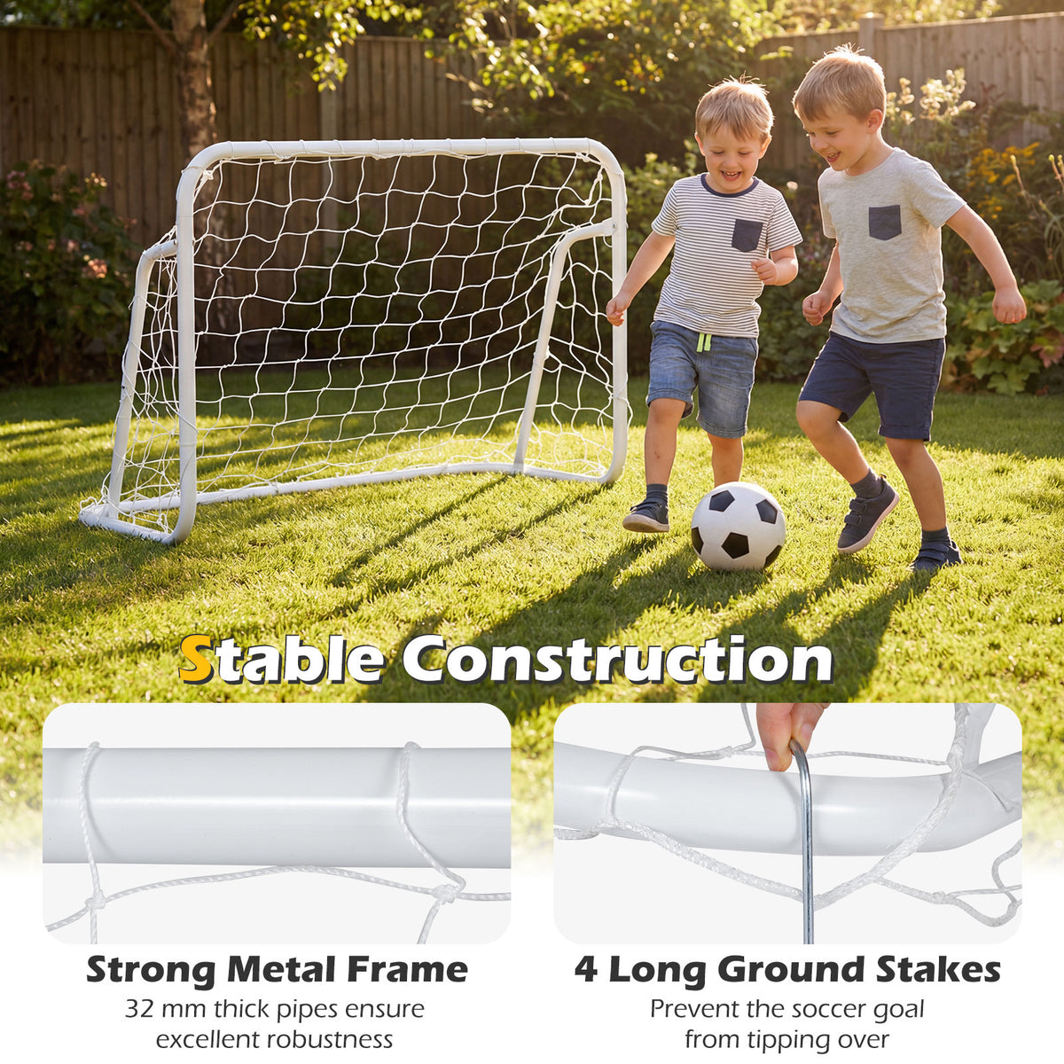Close-ups of the mini metal football goal showing construction details