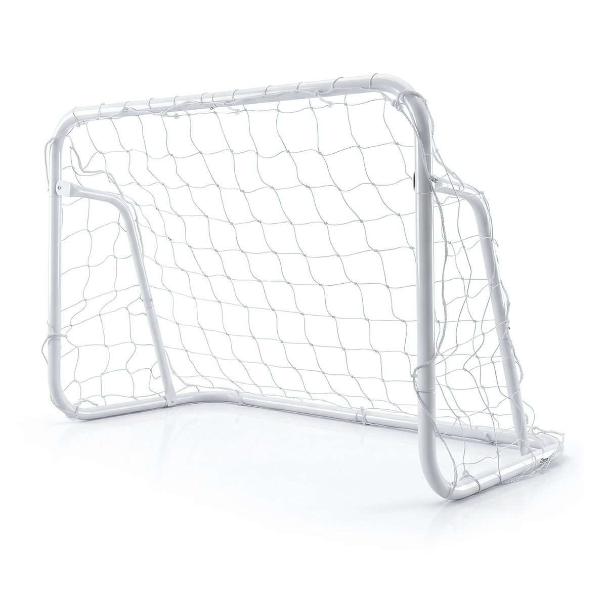 A white metal football goal with a net, shown from the front