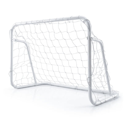 A white metal football goal with a net, shown from the front