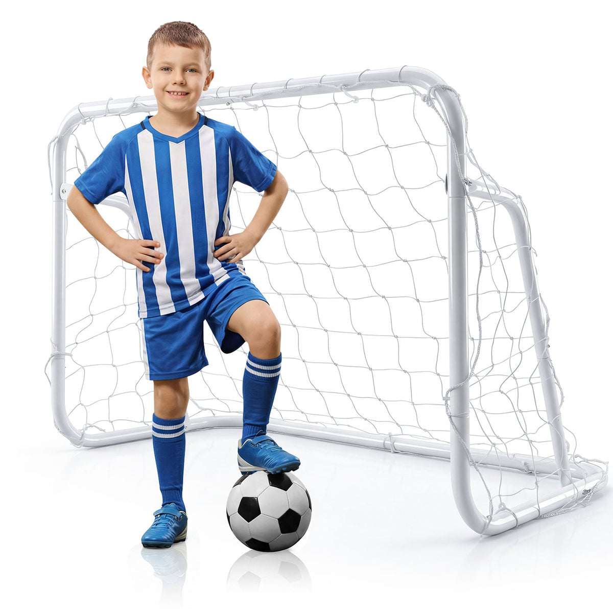 Kids Soccer Goal with a boy in a blue and white striped football kit standing next to it