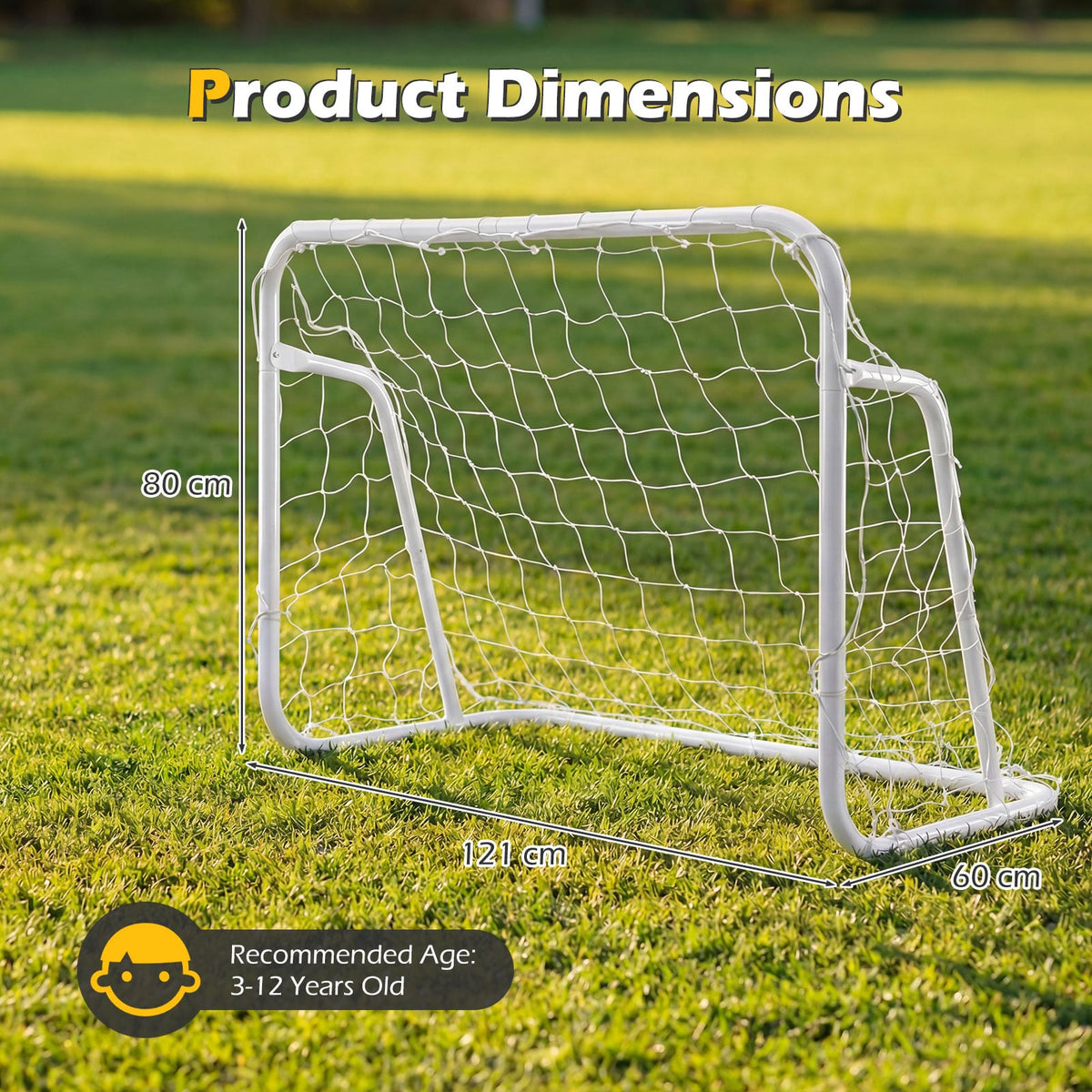 A white metal football goal with dimensions shown