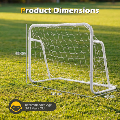 A white metal football goal with dimensions shown