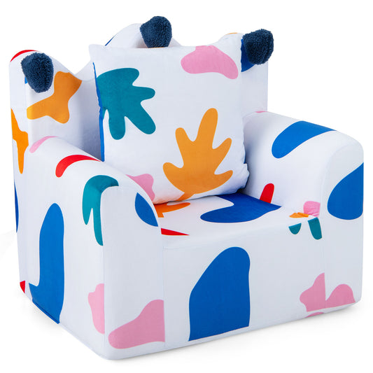 Kids Sofa Chair Foam Filled Armchair with extra padded pillow in white with colourful abstract shapes