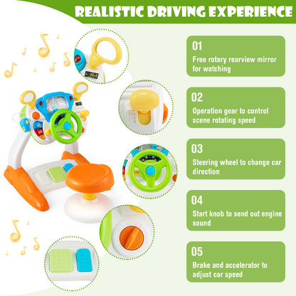 Close-up views of the musical toy steering wheel and stool, highlighting operational details