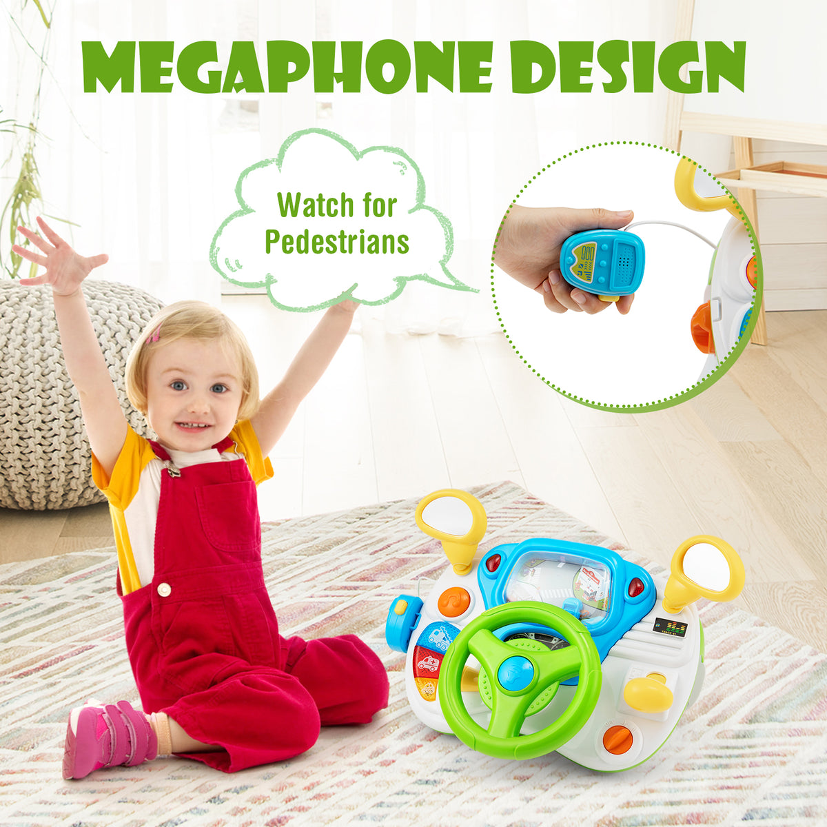 A child plays with the musical toy steering wheel and stool, with a speech bubble about safety