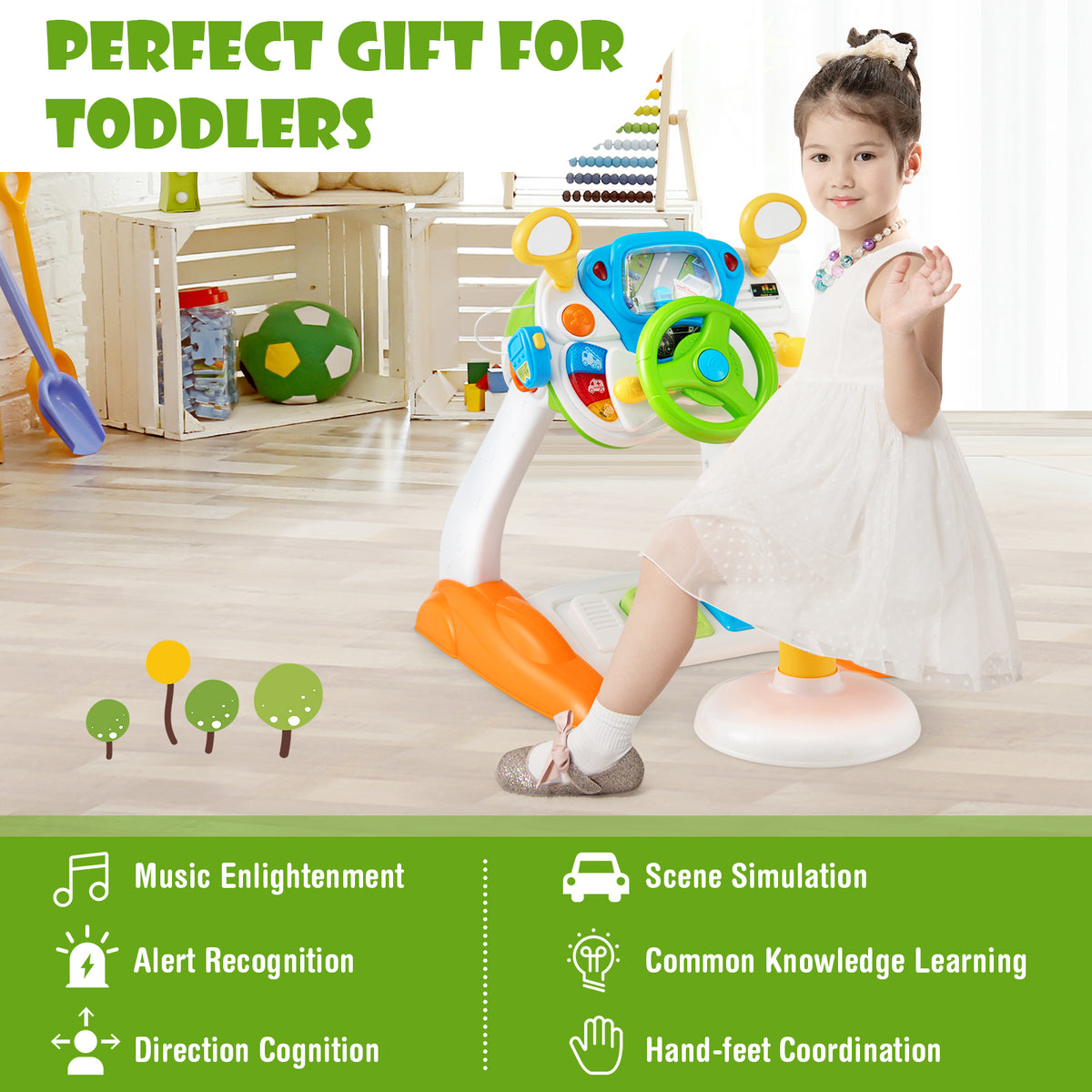 A girl plays with the musical toy steering wheel and stool, with text about learning features