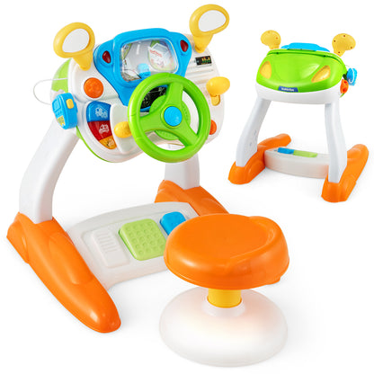 Kids Steering Wheel Toy and Stool with Cyclic Rotary Scene, a colourful interactive driving toy with a stool
