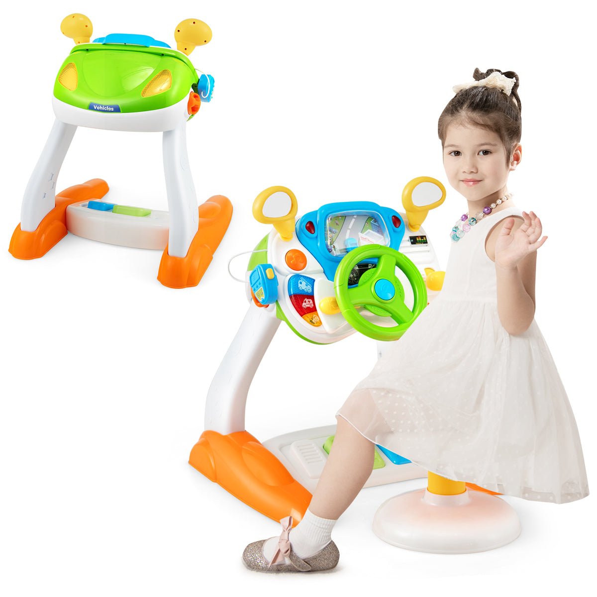 A girl smiles next to the musical toy steering wheel and stool, with a smaller toy in the background