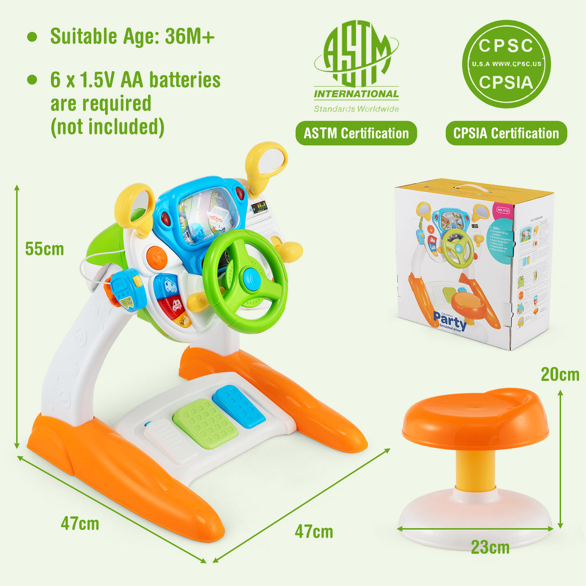 Size diagram showing the musical toy steering wheel and stool dimensions and certifications