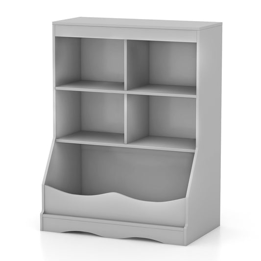 Kids Storage Shelf, a grey toy storage organizer with four square compartments and a large open cubby below