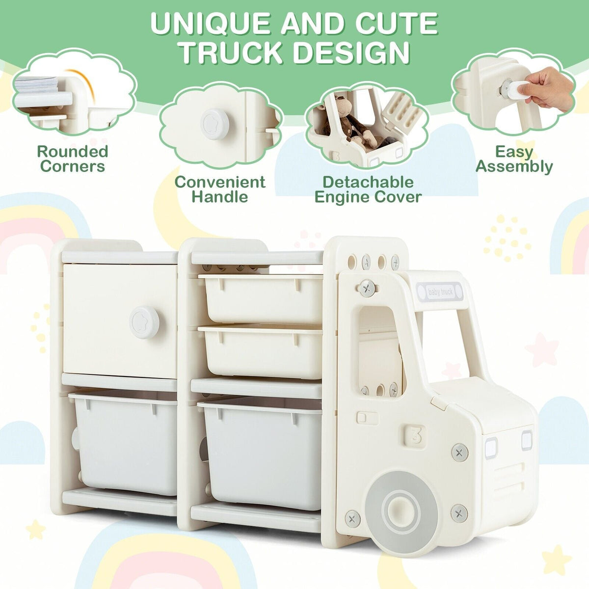Kids storage unit with rounded corners, convenient handle, detachable engine cover and easy assembly features highlighted