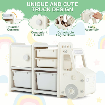 Kids storage unit with rounded corners, convenient handle, detachable engine cover and easy assembly features highlighted