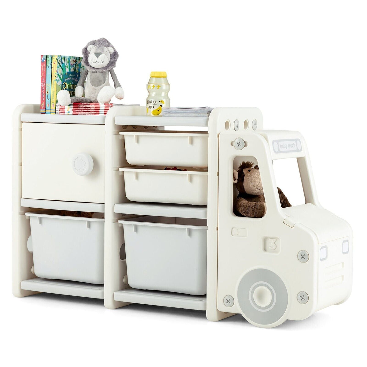 Kids Storage Units with 2 plastic bins and 2 drawers in beige, a fun truck design with shelves and storage compartments