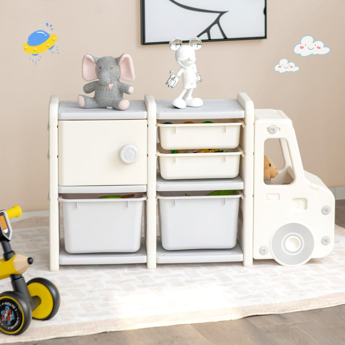 Kids storage unit with toys on top and in the bins, a playful design for a child's room
