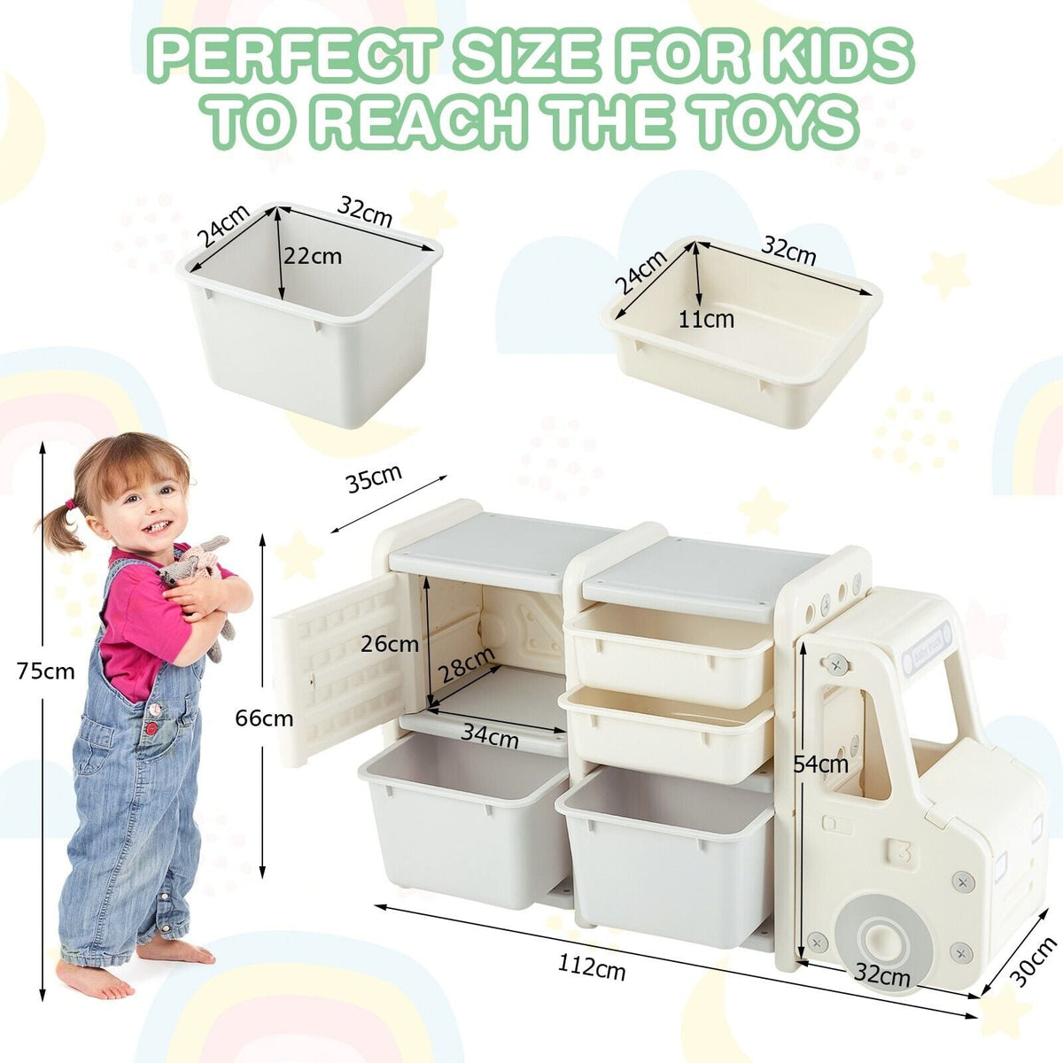 Kids storage unit with a child standing next to it to show its dimensions and storage capacity