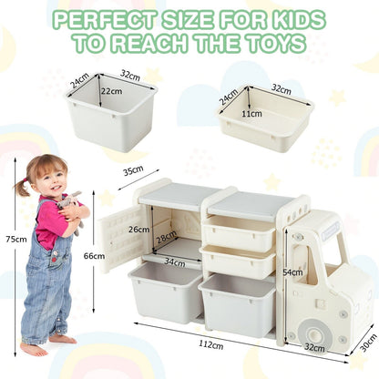 Kids storage unit with a child standing next to it to show its dimensions and storage capacity