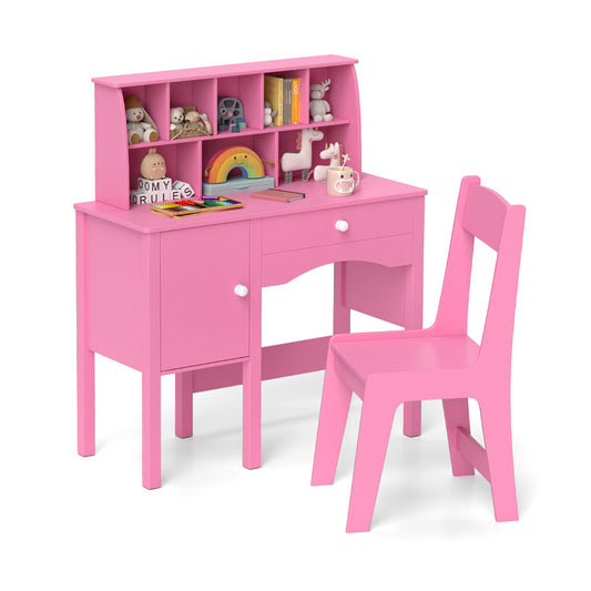 Kids Study Desk and Chair Set with Hutch and Storage Cabinet-Pink, a pink wooden desk and chair with hutch and storage