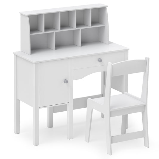 Kids Study Desk and Chair Set with Hutch and Storage Cabinet-White, a white desk and chair with hutch and storage