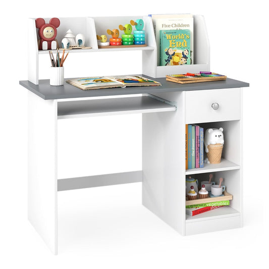 Kids Study Desk with shelves and a drawer, in grey and white