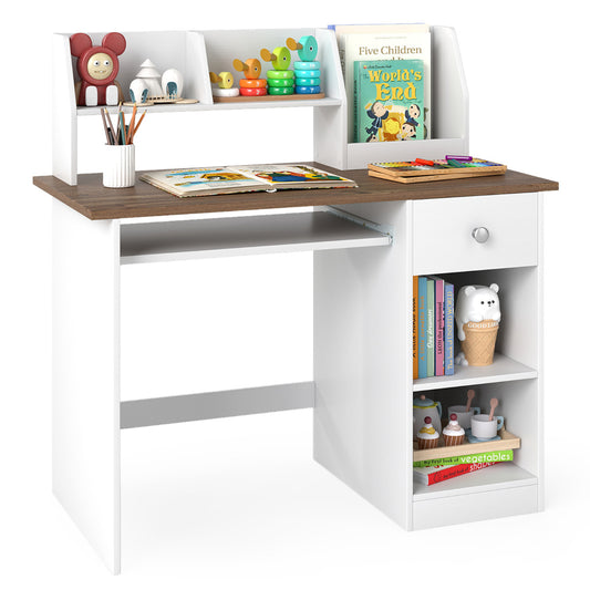 Kids Study Desk with a brown top, white frame, shelves and a drawer