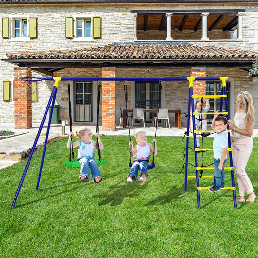 Children playing on the outdoor swing and playset in a garden setting