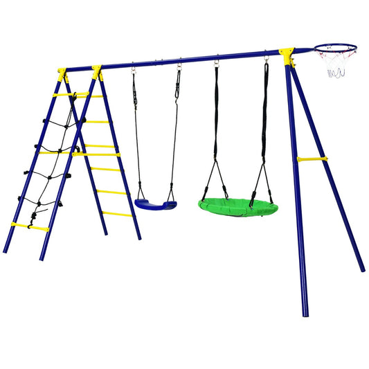 Kids Swing Set with Basketball Hoop and Climbing Ladder featuring a blue frame with two swings