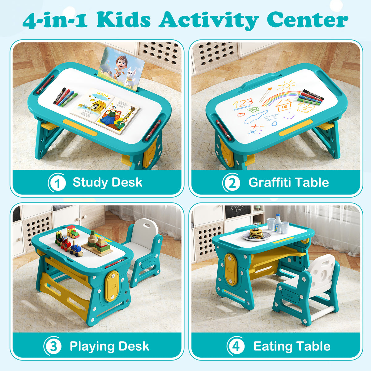 Four uses for the kids table and chair set: study, graffiti, playing, eating