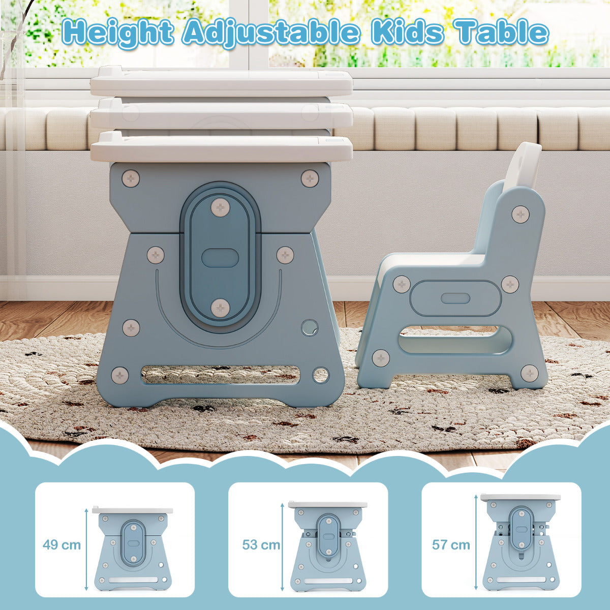 Height adjustable kids table and chair set in three different heights
