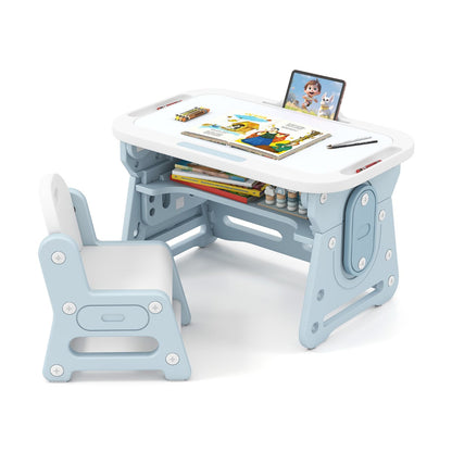 Kids Table and Chair Set with tiltable whiteboard and book stand in blue