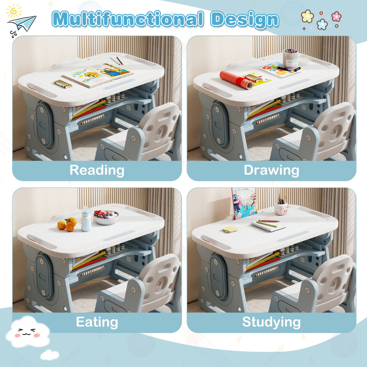 Four different uses for the blue kids table and chair set: reading, drawing, eating, studying