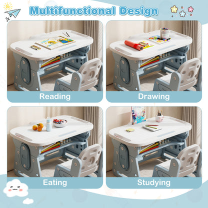 Four different uses for the blue kids table and chair set: reading, drawing, eating, studying
