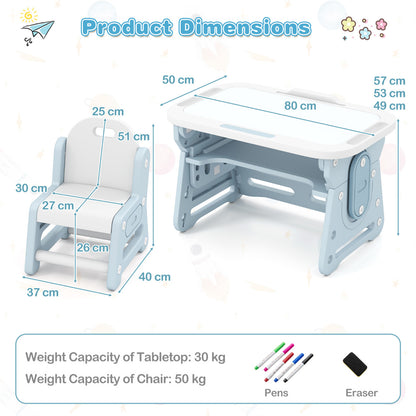 Product dimensions diagram for the blue kids table and chair set