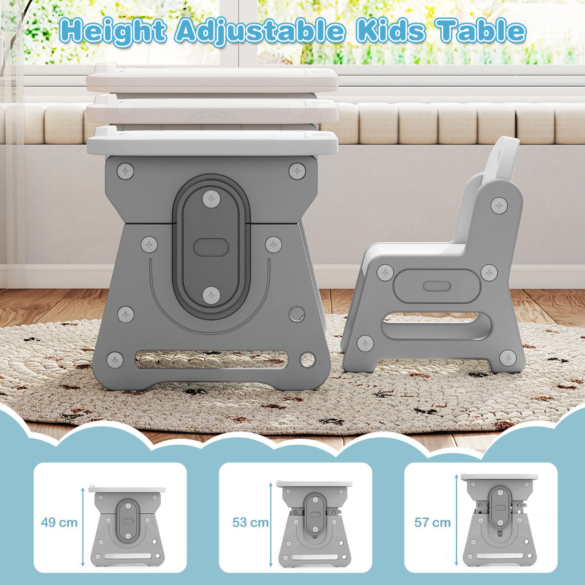 The kids table and chair set showing how the desk height can be adjusted to three levels