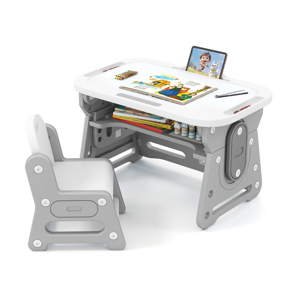 Kids Table and Chair Set with a white tabletop and grey frame on a plain white background