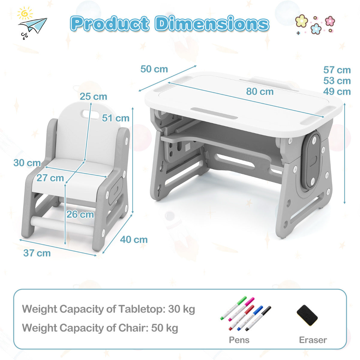 The kids table and chair set with labels showing dimensions and weight capacity details